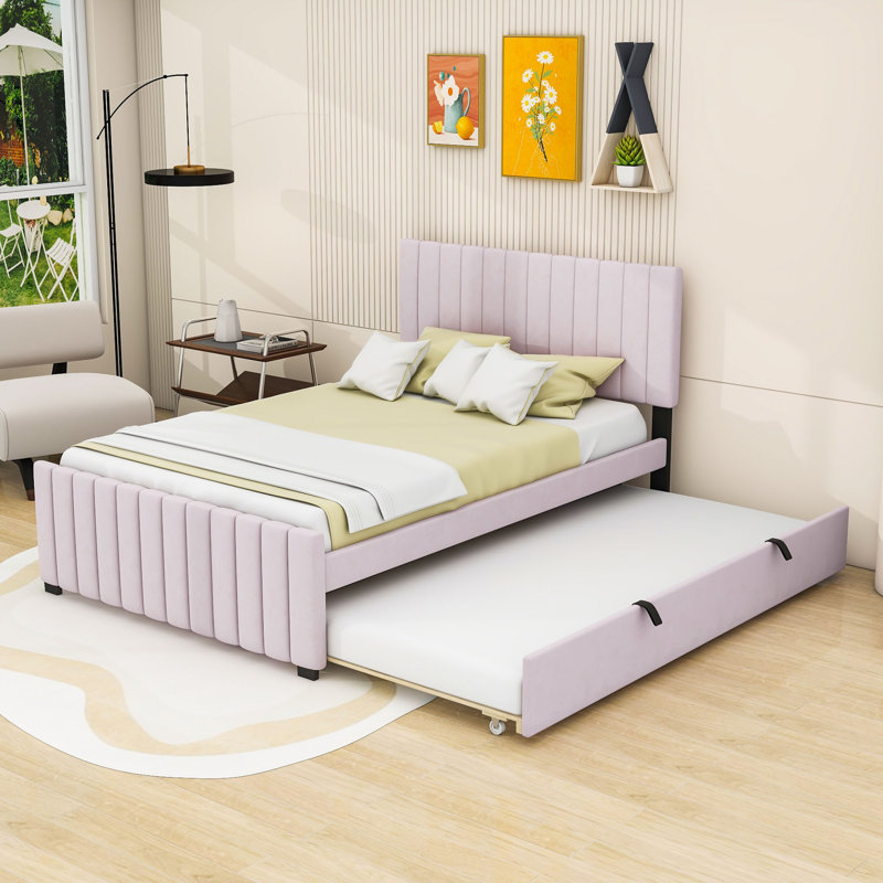 Arden Full Size Velvet Upholstered Platform Bed with Twin Trundle, Pink