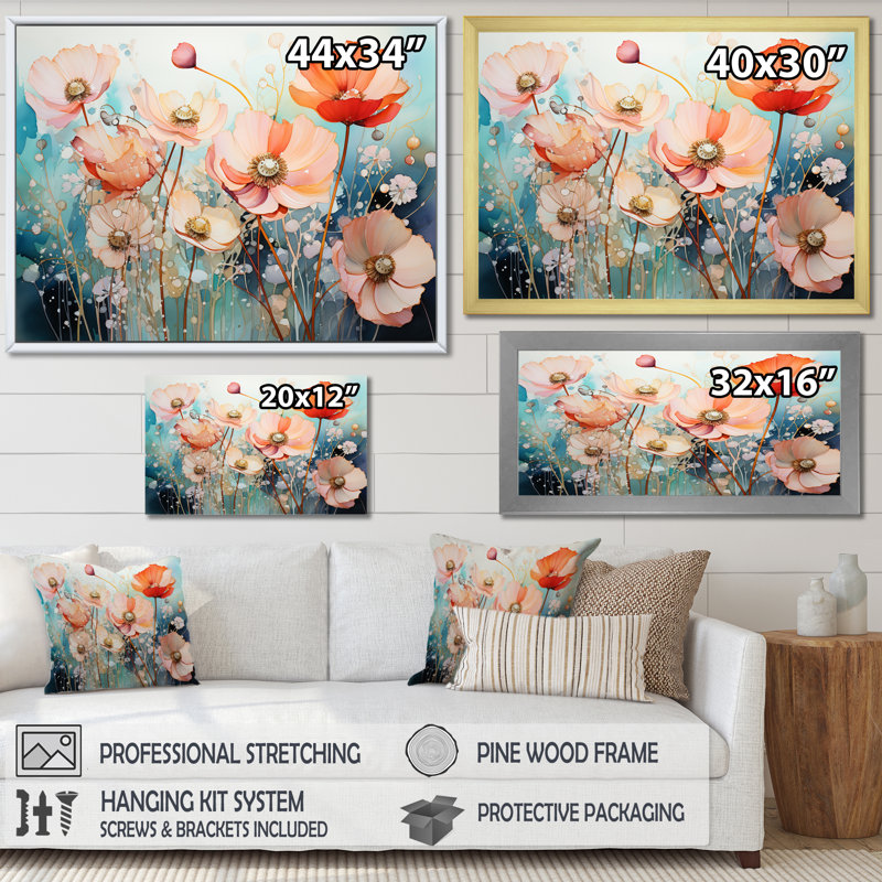 «Vibrant Floral Oasis Field I», reproduction sur toile, Cadre simple argenté, H 16 po x l 32 po x P 1,5 po