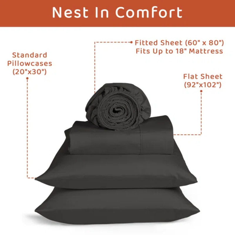 Loomsnest 100% Long Staple Cotton 400 Thread Count Sateen Sheet Set, Wrinkle Resistant, Deep Pocket, Fits up to 18", Queen, Dark Gray