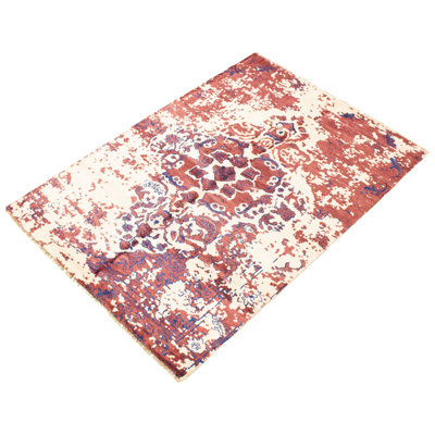 Tapis décoratif en viscose de conception unique 5 pi 7 po x 7 pi 8 po noué à la main New Age