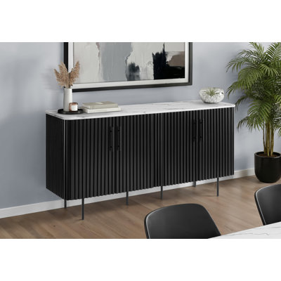 Armoire, buffet de 66 po de largeur, buffet, salle à manger, faux marbre blanc, stratifié noir, contemporain, moderne