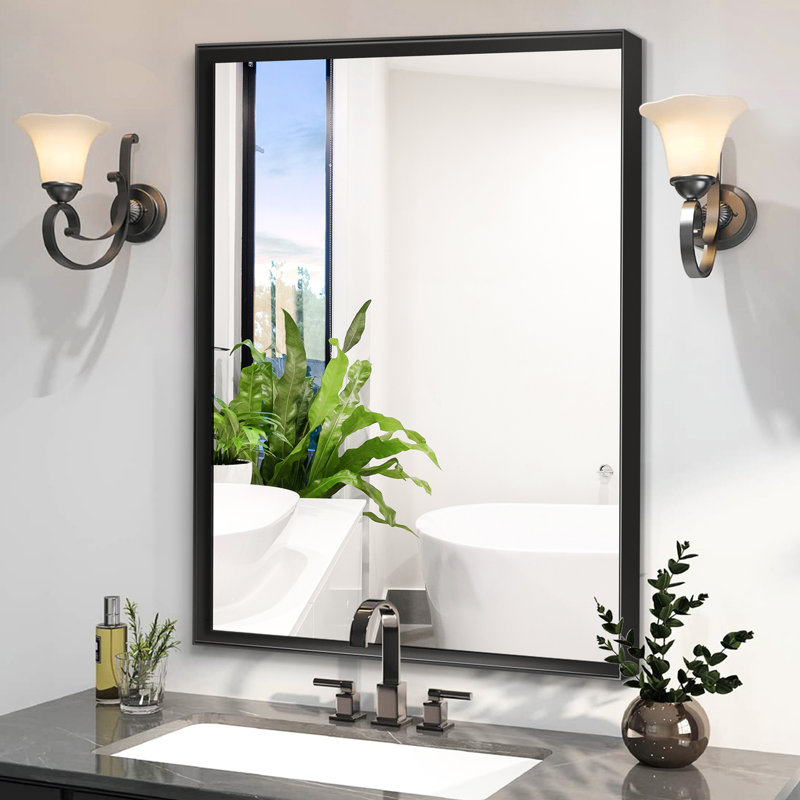 Miroir noir brillant de 40 po x 30 po pour meuble-lavabo - Cadre en métal rectangulaire avec rebord biseauté, reflet transparent et antirouille, étapes d'installation faciles à réaliser sans le hiccup