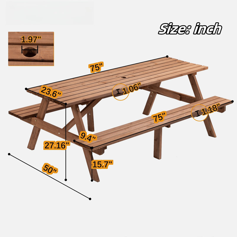 Table de pique-nique en bois pour 8 personnes avec 2 sièges et trou pour parasol
