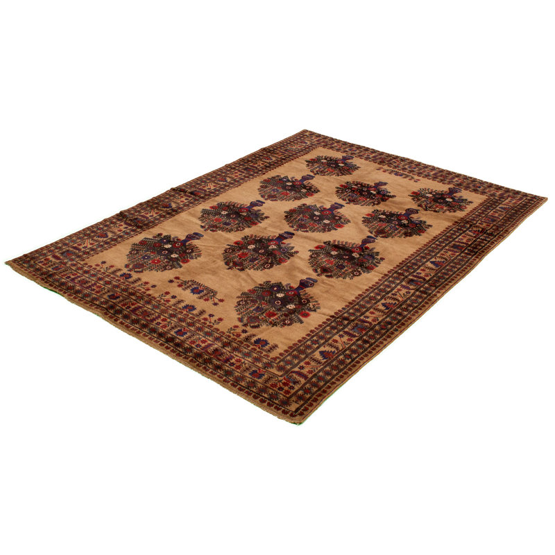 Tapis décoratif beige en laine noué à la main de conception unique 6 pi 8 po x 9 pi 4 po noué à la main New Age