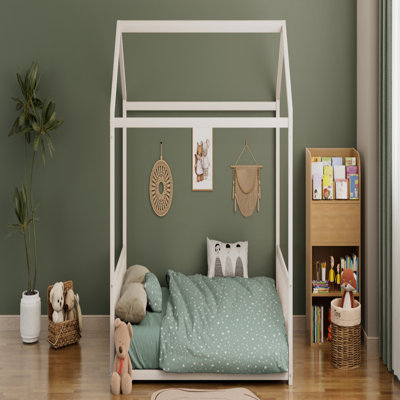 Structure de lit pleine grandeur en métal de style Montessori, forme de maison avec barrières de sécurité verticales pour enfants, assemblage facile, sans lattes, blanc