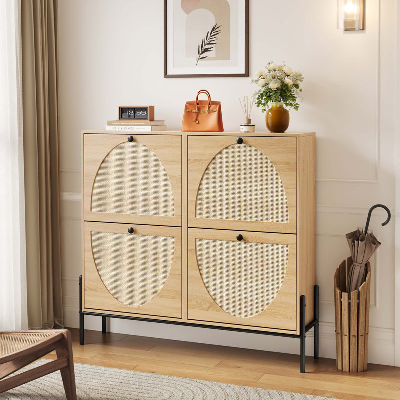 Armoire à chaussures en rotin peu encombrante avec 4 portes rabattables pour l'organisation du vestibule, Oak