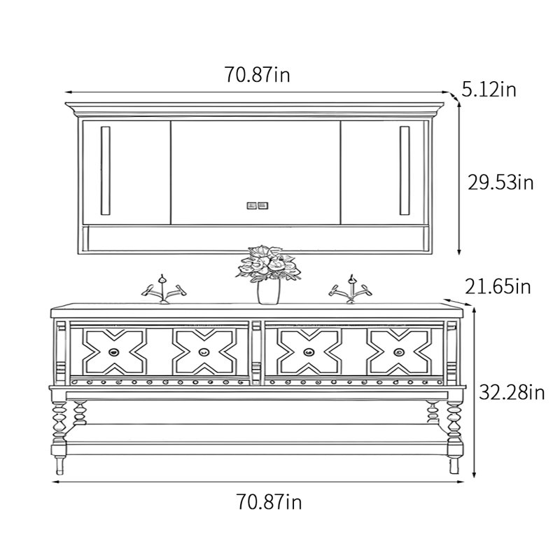 Armoire de salle de bain rétro de style français., H 32,28 po x l 70,87 po x P 21,65 po, Noir