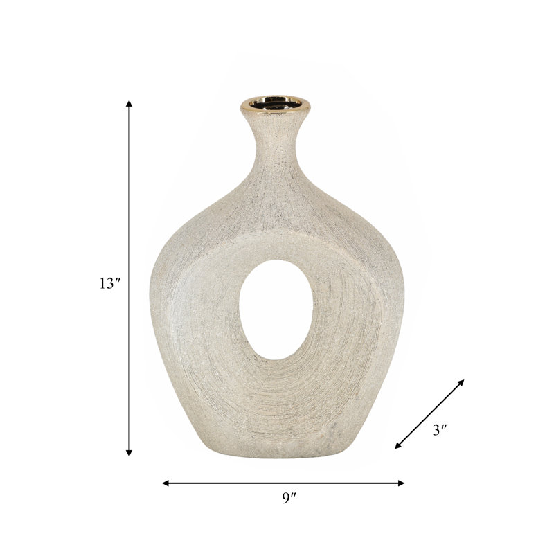 Vannorman Ceramic Sculptural Cut-Out Table Vase , Beaded Champagne, 13"H x 9"W x 3"D