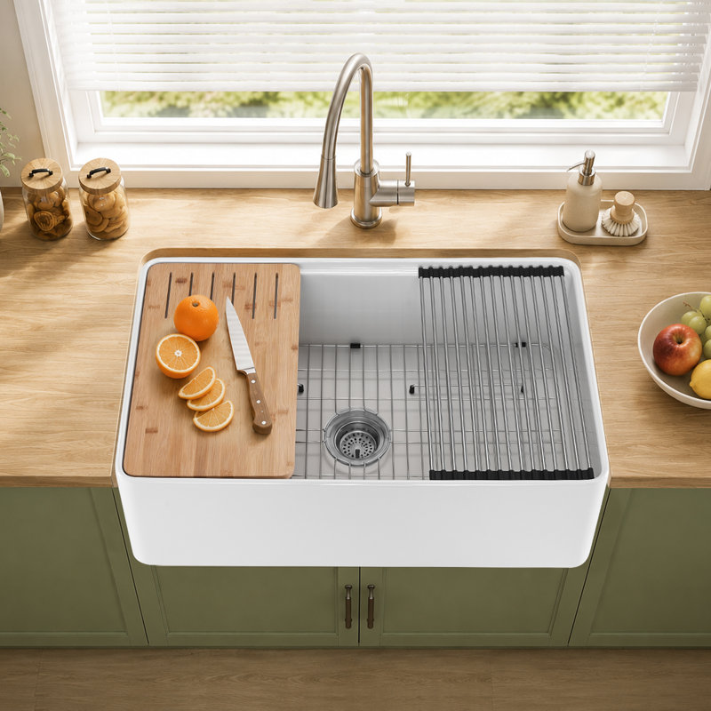 Évier de cuisine 33 po à tablier simple en argile réfractaire simple avec accessoires