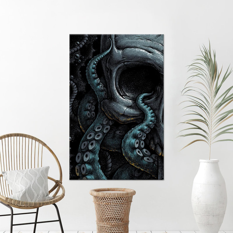 Impression de toile de crâne de pieuvre: art moderne d'horreur, option de verre trempé, toiles à cadre noir 1P