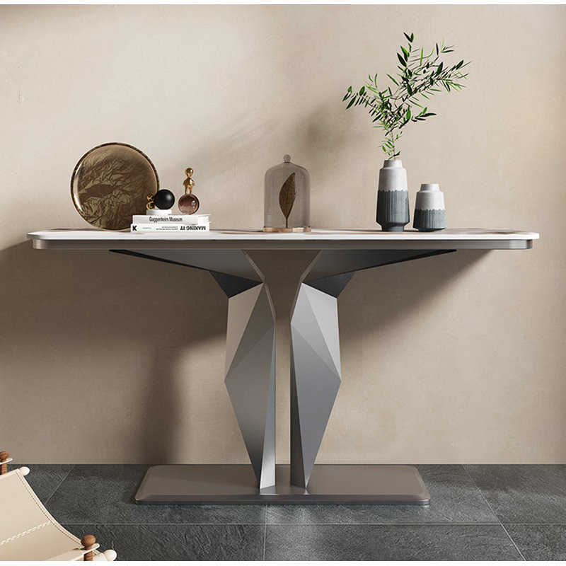 Console moderne géométrique avec base sculpturale, H 31,5 po x l 47,24 po x P 11,81 po, Blanc / Gris
