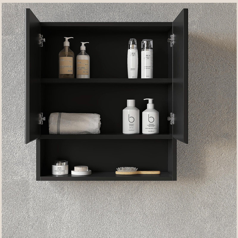 Armoire de salle de bain murale rayée de 26 po avec portes, tablette et compartiment de rangement ouvert au-dessus de la toilette pour salle de bain, cuisine, salle de lavage, couleur noire