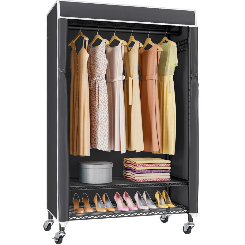 Black Portable Rolling Clothes Rack with Gray Cover