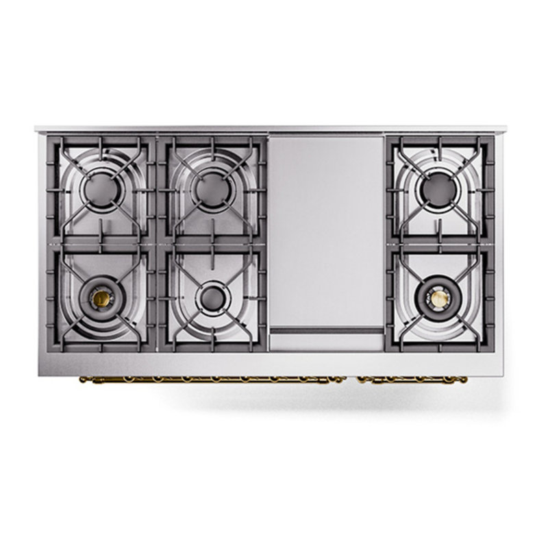 ILVE Nostalgie II 48 in Dual Fuel Range, 8 Burner, Griddle, White/Brass, Natural Gas