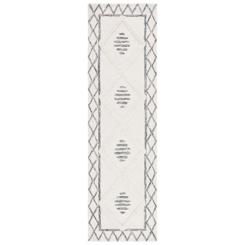 Tapis noir / ivoire en laine / coton touffeté à la main Anaia, Tapis de couloir 2 pi 3 po x 8 pi