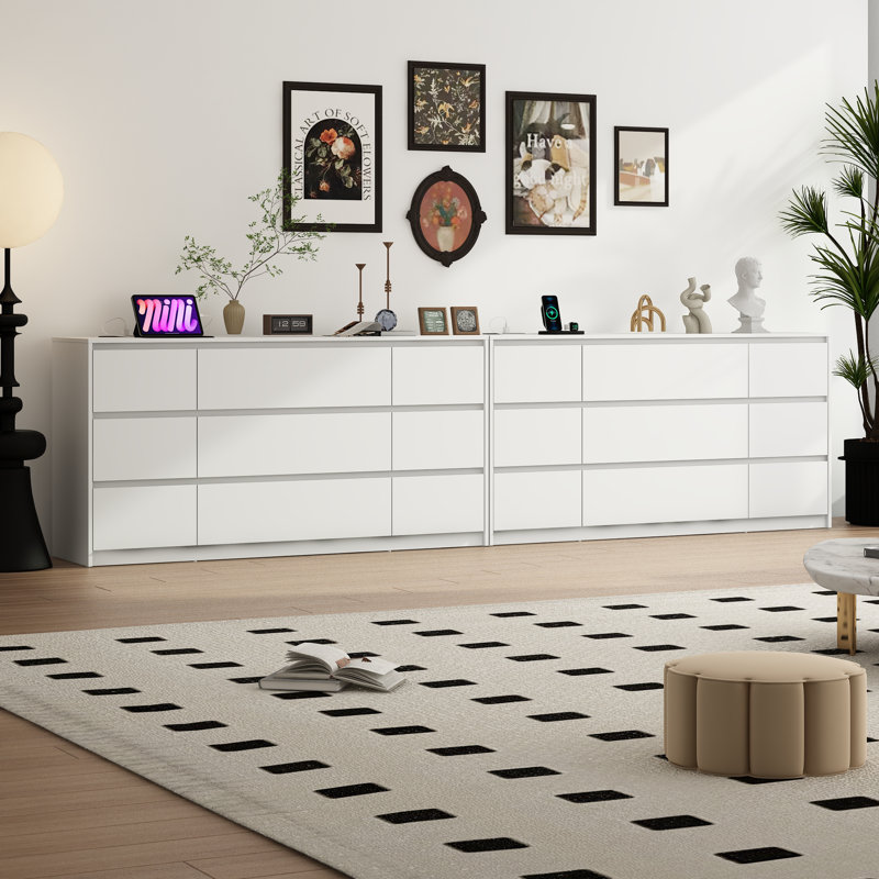 White 63-Inch Modern Wood Dresser with Charging Station