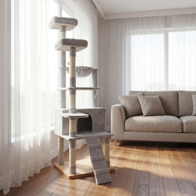Arbre à chat 71 pouces à plusieurs niveaux avec hamacs, plateformes doubles, grotte pour chat et poteaux à griffer - Tour pour chat en peluche pour plusieurs chats d'intérieur