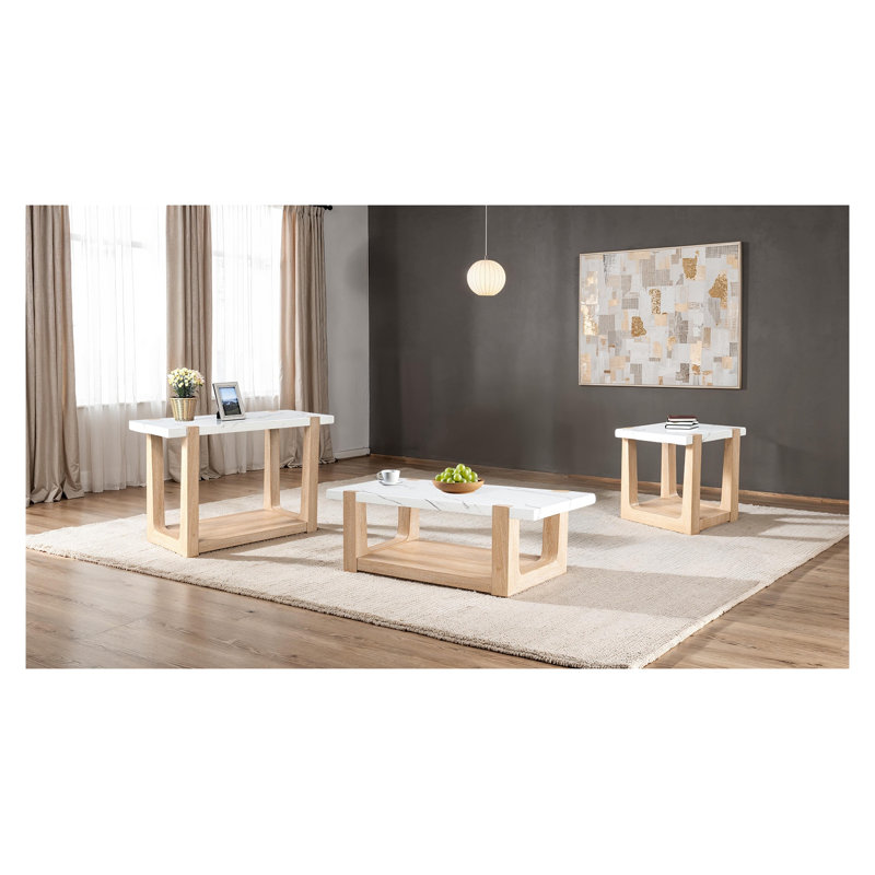 Ensemble de table moderne 3 pièces avec dessus en faux marbre, finition naturelle et blanche
