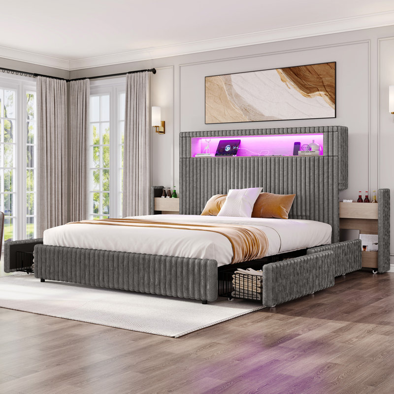 Smart Upholstered Bed Frame, Gray, King