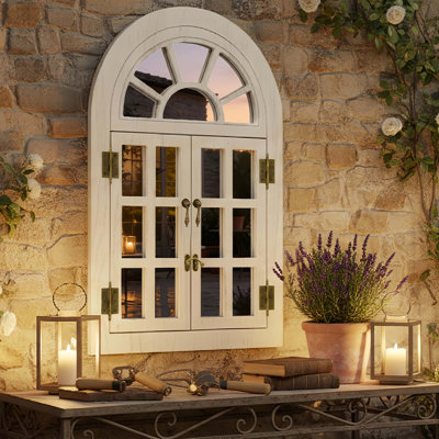 Arched Wooden Framed Wall Mirror With Opening Doors, Vintage Decorative Window Style Mirror