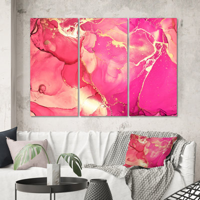 " Pink and Gold Fuchia Liquid Art II " 3 Piece Art Acrylic Painting