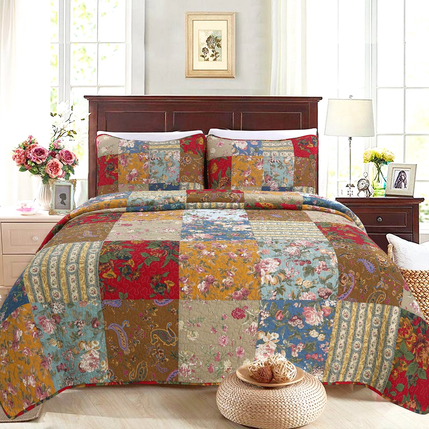 August Grove® Sheetz Brown/Red/Blue Reversible 3 Piece Quilt Set