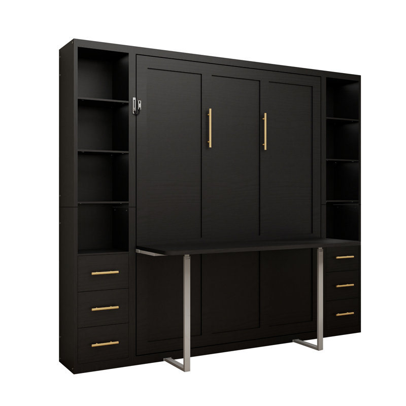 Lit escamotable avec bureau Murphy, lit mural pliable multifonctionnel avec placard, tiroirs, structure de lit en métal peu encombrante pour chambre d'amis