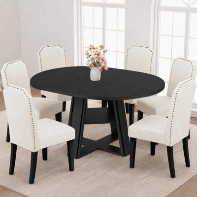 43.3‑59.06" Extendable Round to Oval Dining Table Set with Padded Cotton Linen Chairs, Seats 4‑8 for Dining Room