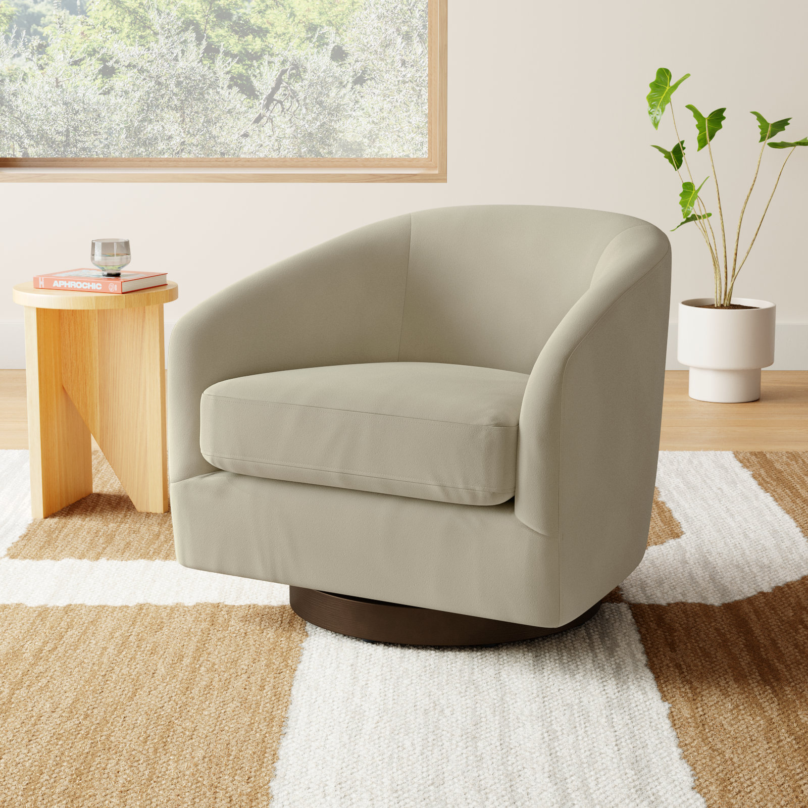Bennett Linen Swivel Barrel Chair, Bella Beach Performance Velvet