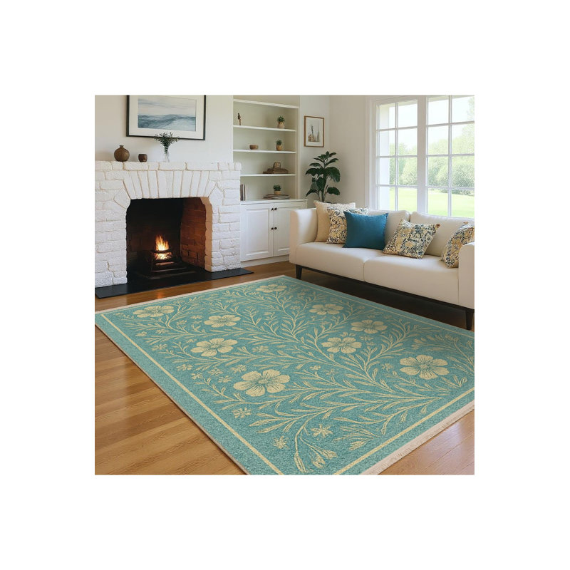 Tapis jaune tissé à motif floral lavable Mosso, 2'6" x 4'11"