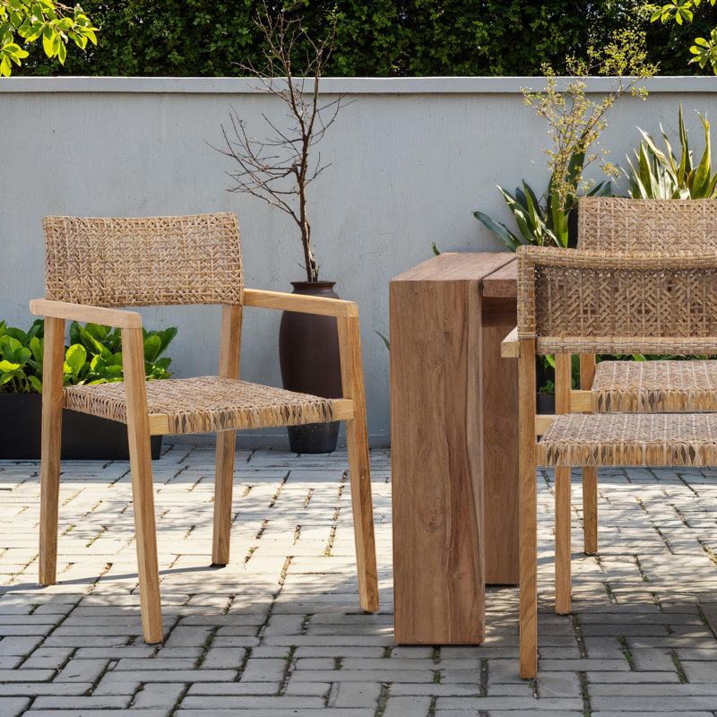 Deeta Indoor-Outdoor Sanded Natural/Medium Brown Finish Teak and Synthetic Rattan Arm Chair, Set of 2