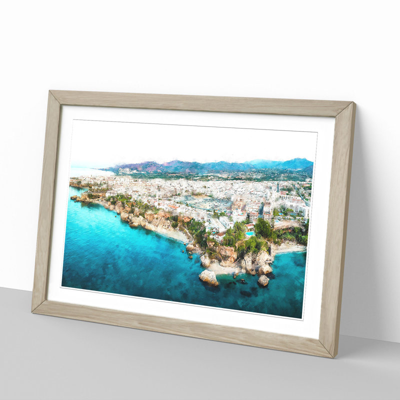 Coastline of Nerja in Spain - Picture Frame Graphic Art on MDF, 48cm H x 65cm W x 2cm D, Oak Framed