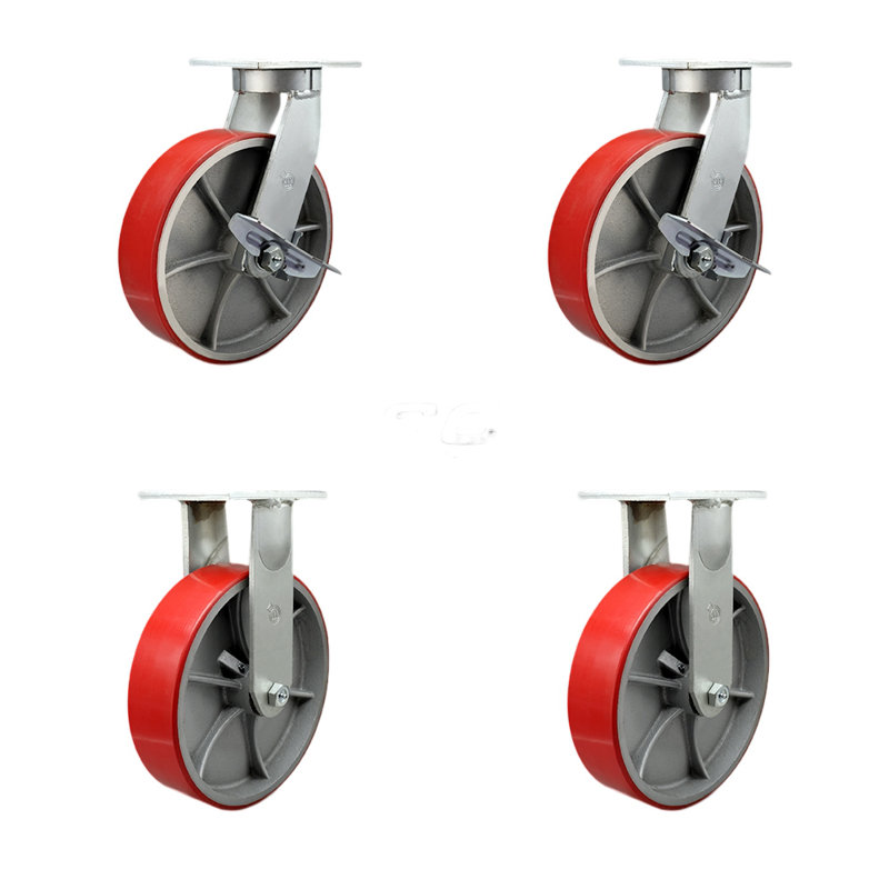 4 Piece Heavy Duty Poly on Cast Iron Caster Set, Red
