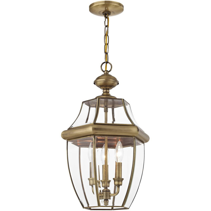Outdoor Pendant Lighting Fixture with Clear Glass Shade, Antique Brass