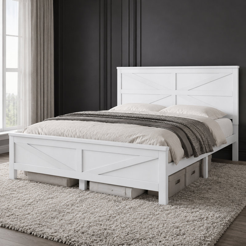 Tête de lit et pied de lit de style campagnard grand avec porte de grange, cadre de lit plateforme en pin massif avec support de lattes renforcé, rangement spacieux sous le lit, fabrication robuste et durable