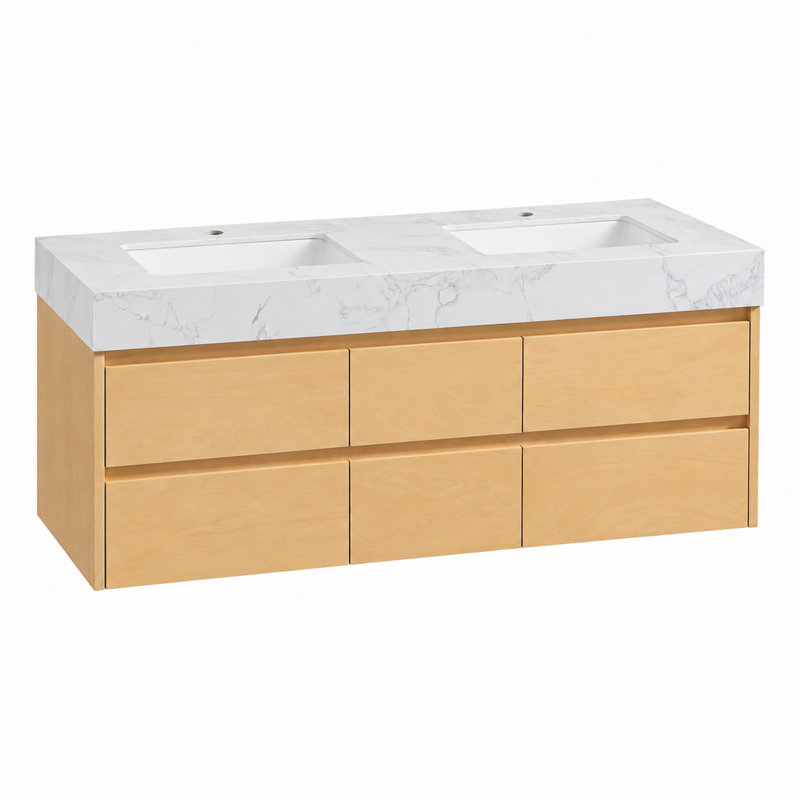 Meuble-lavabo double suspendu moderne Alvah 48 po avec comptoir en marbre, lavabos encastrés en porcelaine, tiroirs à fermeture amortie et éclairage intégré
