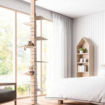 Adjustable Floor-Ceiling Cat Tree For Indoor Cats. Multi-Level Vertical . Made Of Pine Multi-Layer Board. Equipped With Perching Shelves And Flannel Mat. Encourages Cats' Exercise. No Drilling