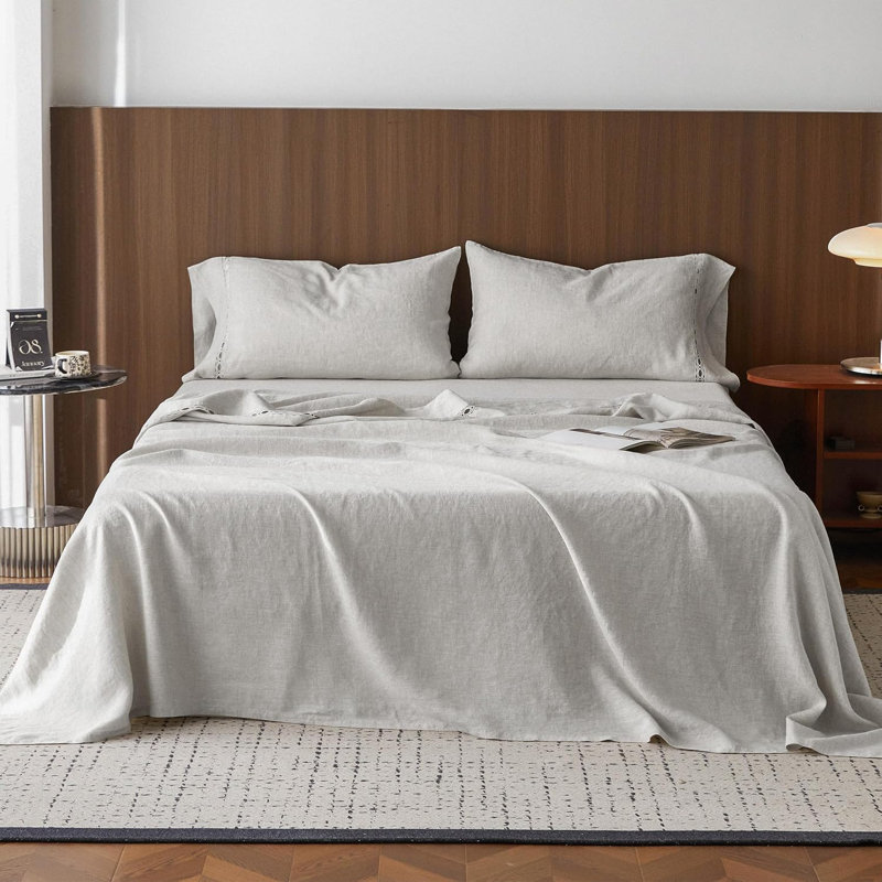 100% Washed Linen Sheet Set-Natural French Flax Bed Sheet, Queen 1 flat sheet+1 fitted sheet+2 pillowcases, Grey