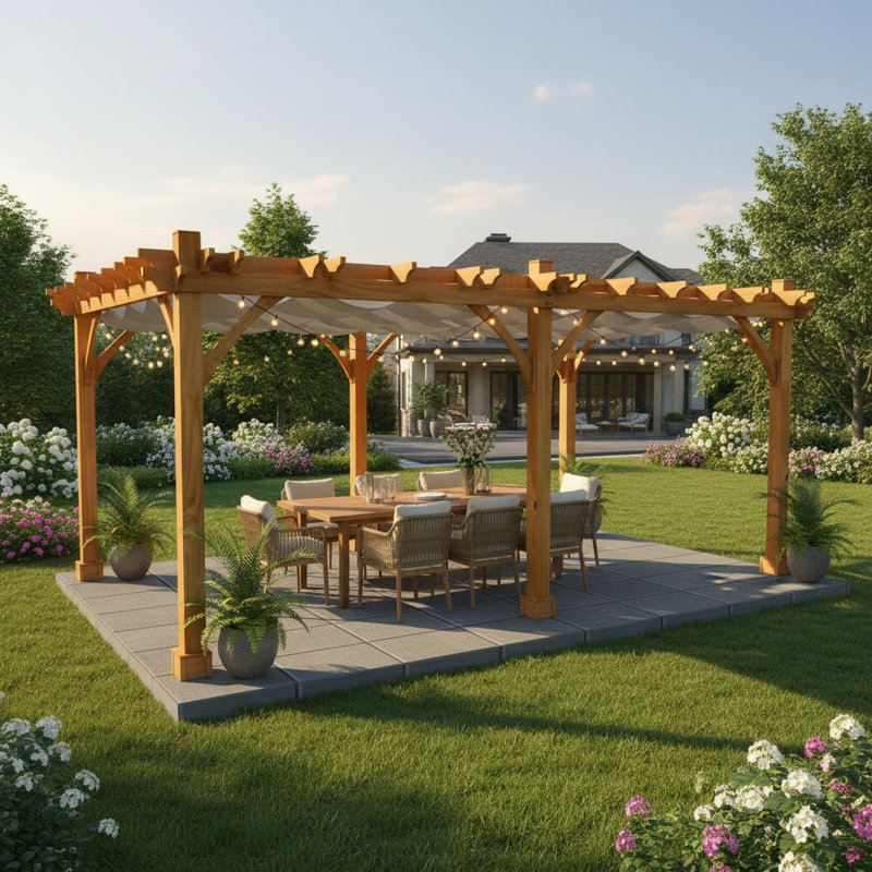12 ft. W x 20 ft. D Breeze Solid Cedar Wood Pergola with Retractable Canopy, Brown, 20 ft. W x 20 ft. D