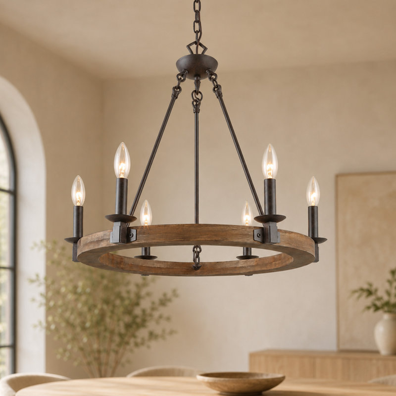 Houghtaling 6 - Light 23" Width Wagon Wheel Chandelier UL Certified, Bronze/Brown