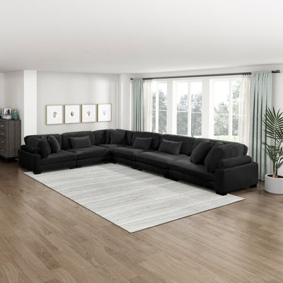 Brinsley 6-Piece 135" L-Shaped Modern Corduroy Modular Sectional with Pocket Coils, Adjustable Backrests, 9 Pillows