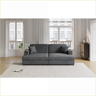 Canapé modulaire 86,5 po en velours côtelé gris foncé moderne avec ports USB, porte-gobelets pour salon / chambre à coucher | Gris foncé | Velours côtelé