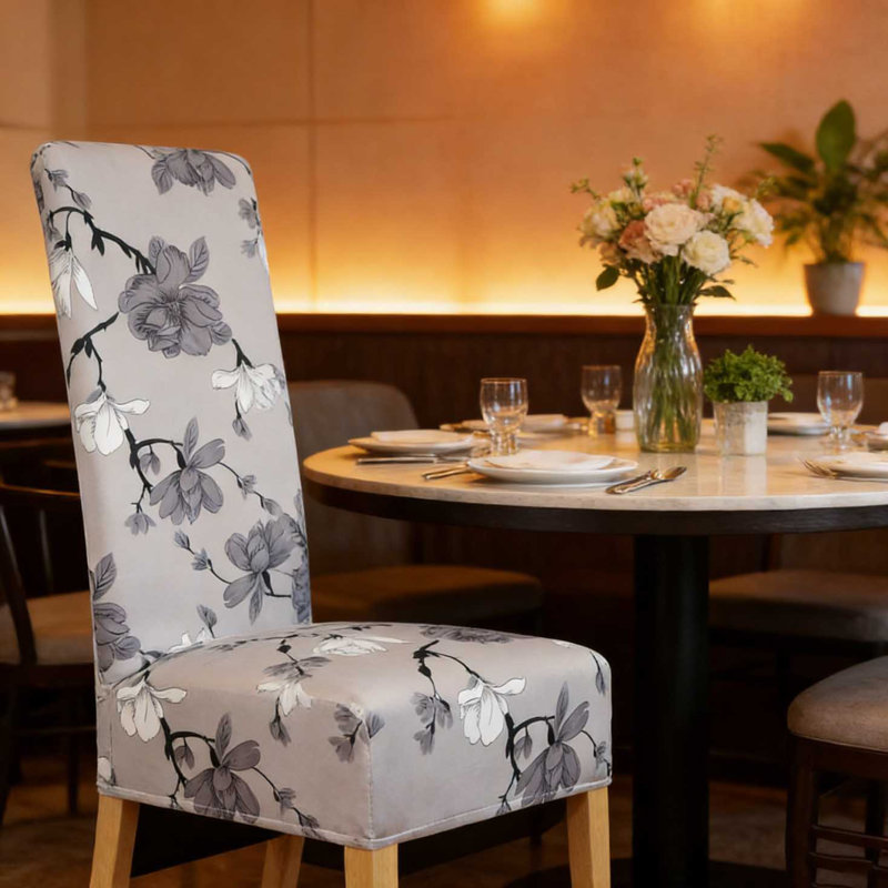 Polyester Box Cushion Dining Chair Slipcover, Polyester - Grey Floral