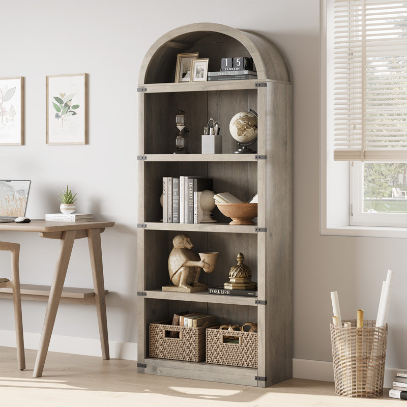 Bibliothèque à 5 tablettes avec bibliothèque arquée de 71,65 pouces de hauteur, Gris