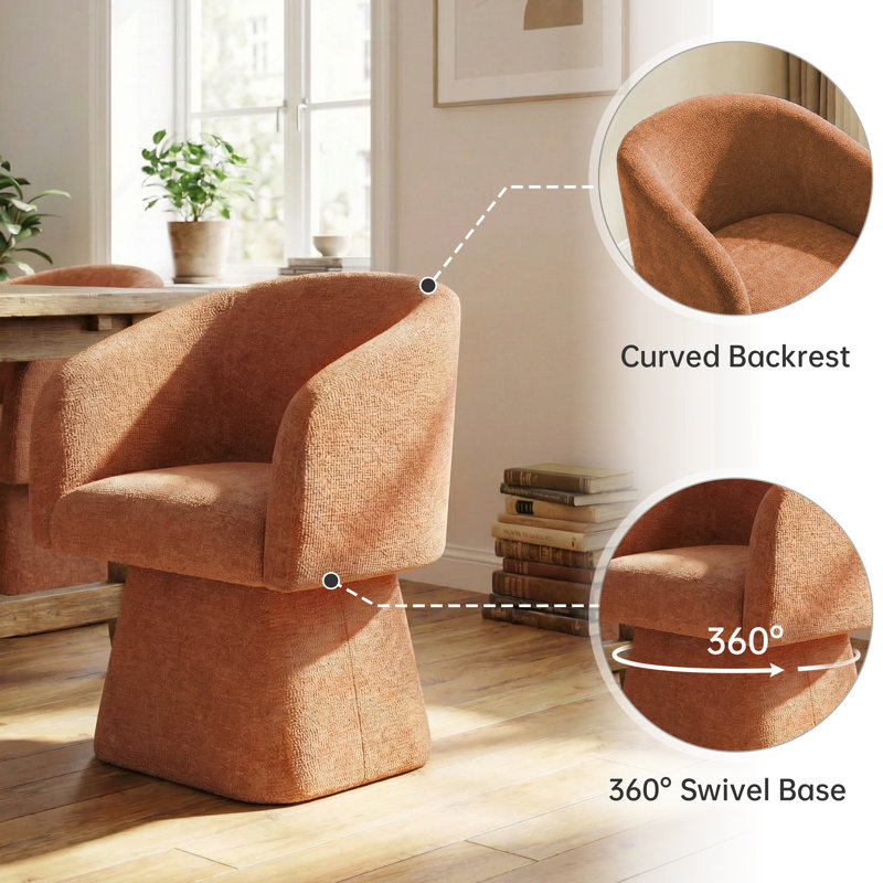 Swivel Barrel Accent Chair, Soft Chenille-Textured Fabric, 360° Swivel, Deep Cushioned Seat without Pillow, Orange