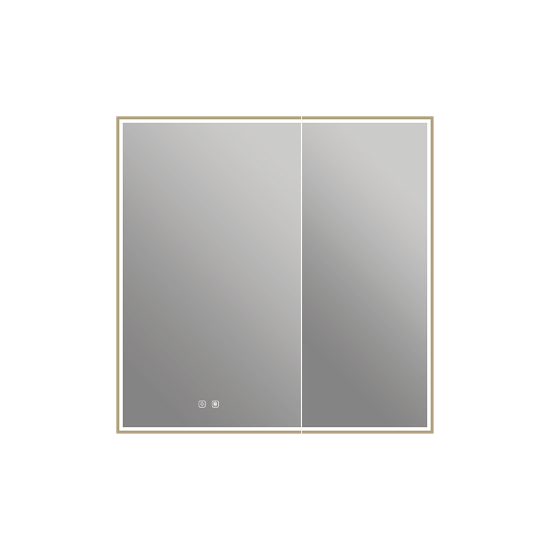 Pharmacie à cadre 36 "x 36" Nova avec miroir grossissant à l'intérieur Nova, température et luminosité réglables, avec désembueur chauffant, éclairage extérieur et intérieur - bronze brossé
