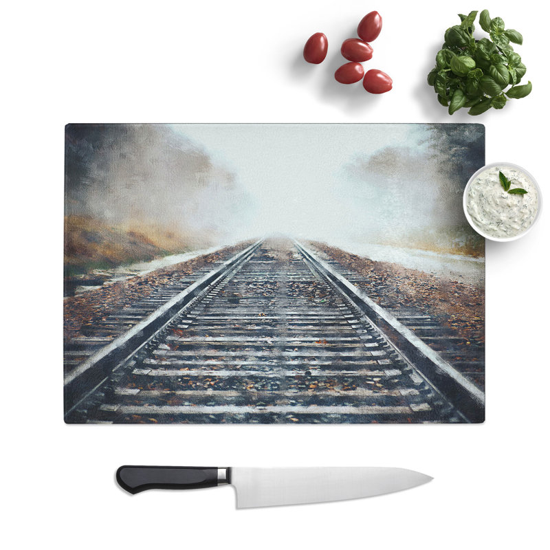 Tempered Glass Train Tracks in the Mist Painting Chopping Board, 28.5 cm x 39 cm
