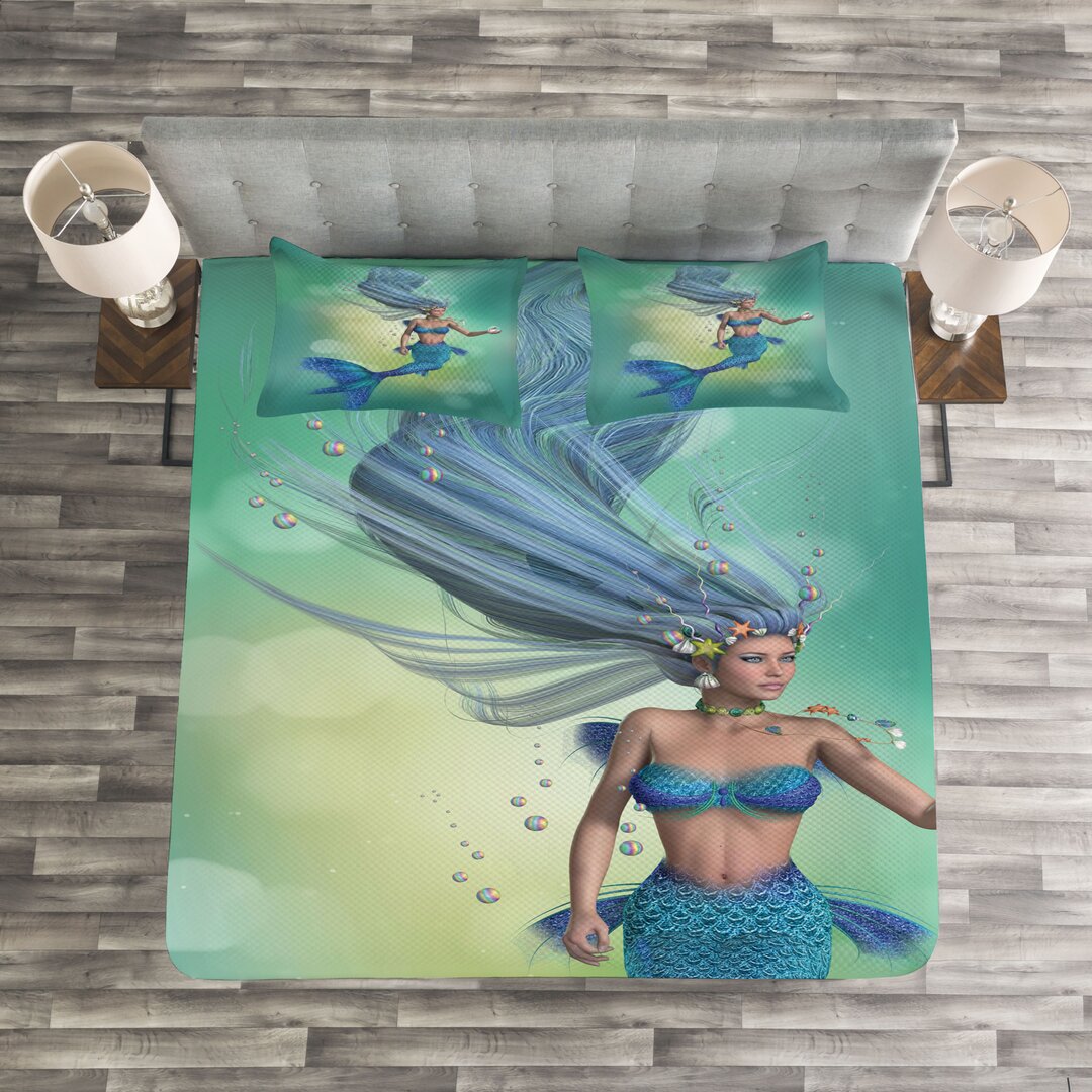 Gestepptes Bettdecken-Set, Mermaids Schwimmen, Märchen, Teal Blassblau