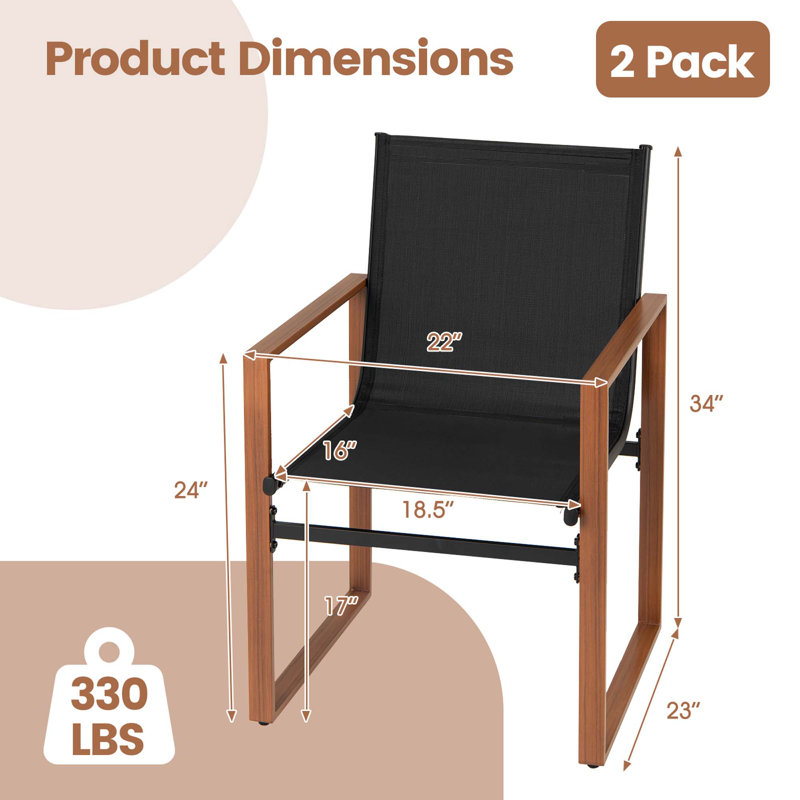 2 chaises de salle à manger d'extérieur avec siège et dossier respirants, Noir / brun