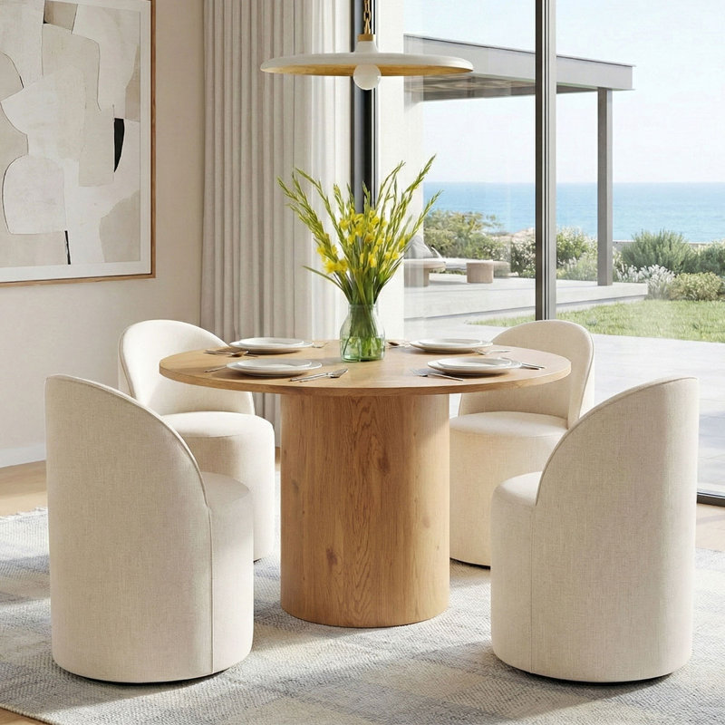 4 - Person Dining Table Sets With Round Table & 4 Upholstered Rolling Chairs, Natural, Beige